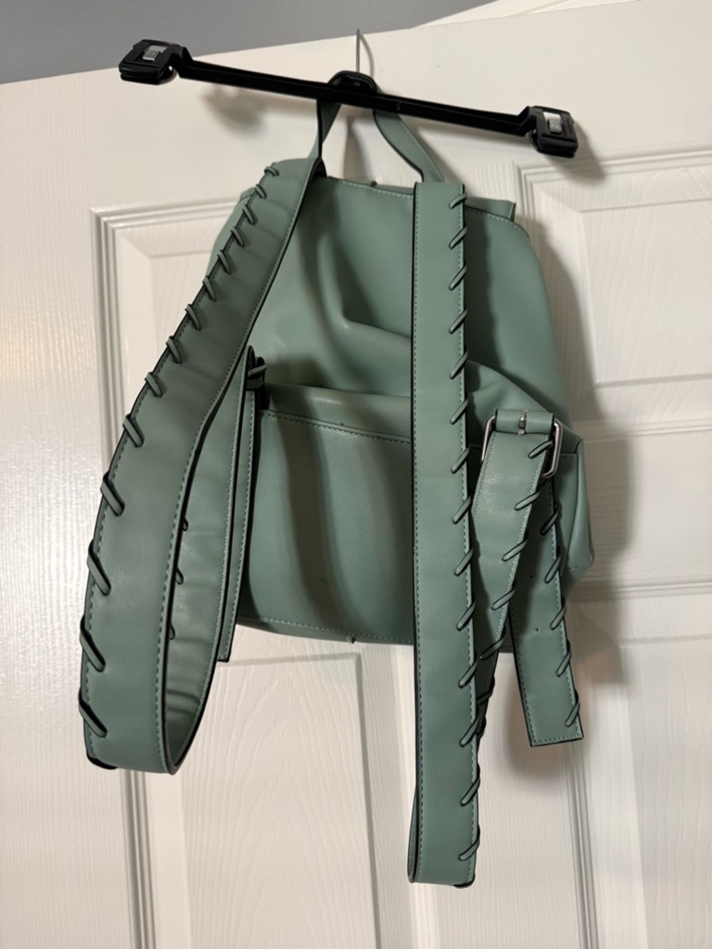 Zara Sage Green Faux Leather Backpack Minimalist Flap Drawstring Bag - Picture 2 of 7